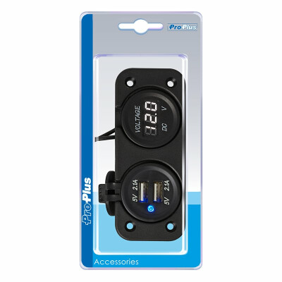 Einbau Kit: Voltmeter 6-30V + USB Doppel-steckdose Typ A 2x2100mA im Blister
