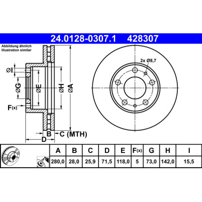 ATE Bremsscheibe für Fiat Citroen Peugeot Opel 51957508 1612435280